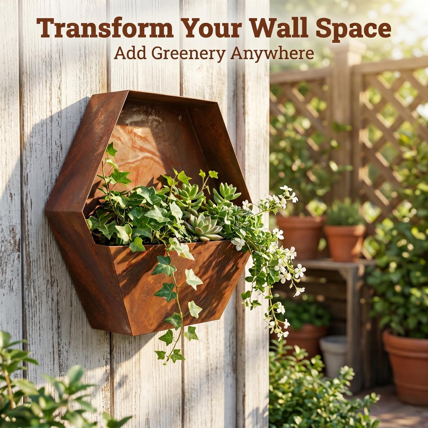 Topadorn Rustic Metal Wall Planter, 12 Inch Hexagon Hanging Planter with Patina Finish, Geometric Wall Mounted Plant Holder for Indoor & Outdoor Vertical Garden Décor, Farmhouse Wall Decor