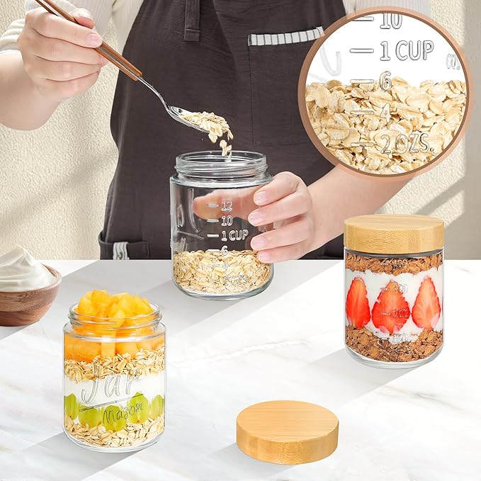 Xyptorix Glass Overnight Oats Containers with Lids (6-Pack), 16 oz Mason Jars with Bamboo Lids for Meal Prep, Chia Seed Pudding, Yogurt & Oatmeal - Airtight Food Storage Jars for Breakfast On-the-Go