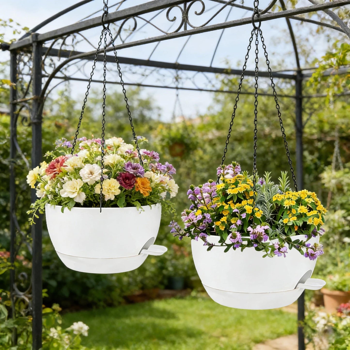 zople 2 Pack 12 Inch Self Watering Hanging Planters for Indoor Plants, Large White Plastic Hanging Pots with Chains for Outdoor Patio Garden Home Decor White