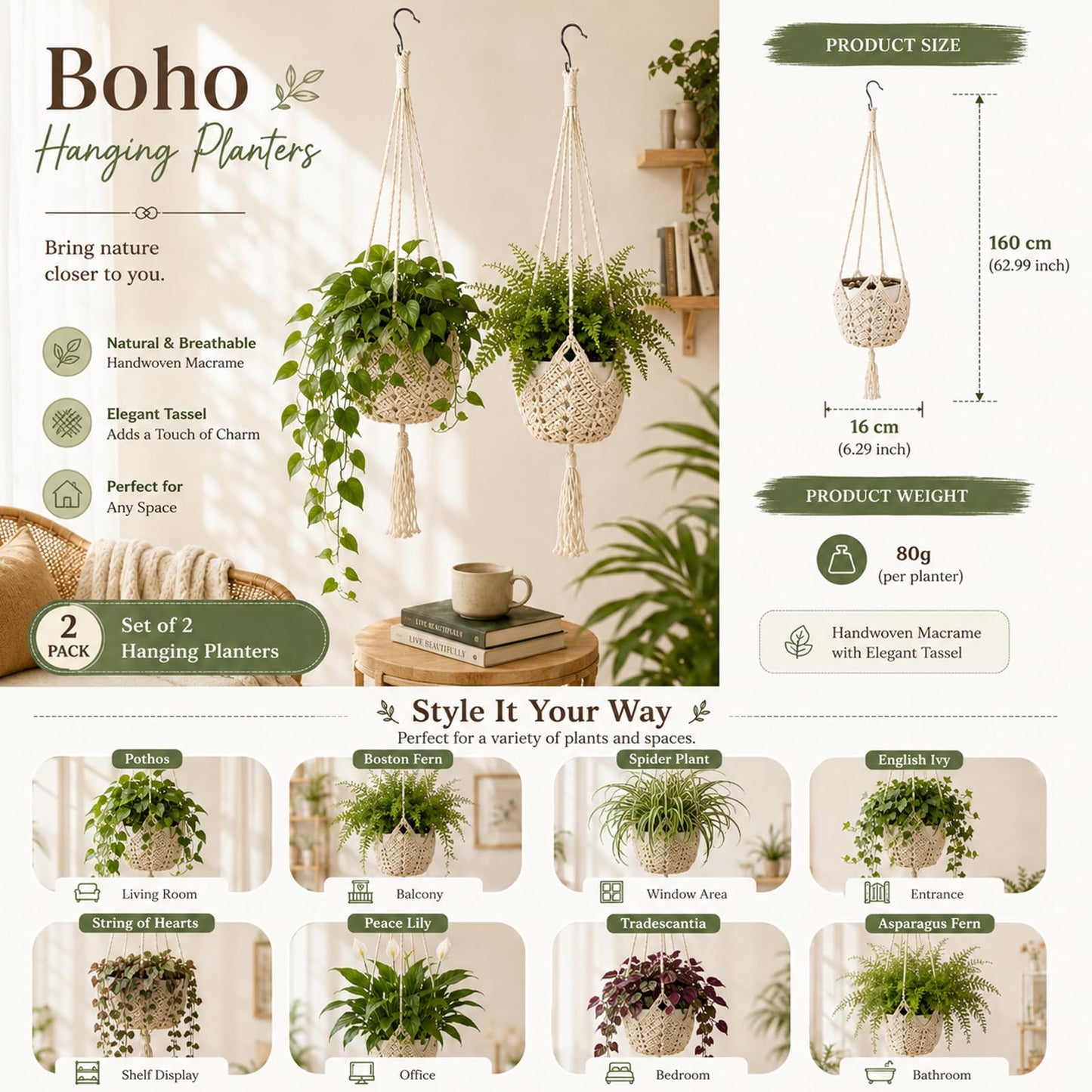 LAGWIUY 40 Inch Macrame Plant Hanger 2 Pack, White Hanging Planters with S-Shaped Hooks for Indoor Outdoor Plants, Home Decor