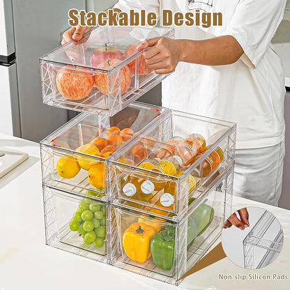 6Pack Pantry Organizers and Storage,Clear Stackable Kitchen Storage Organizer,Foods Organizer Bins with Handles, Easily Assemble for Bathroom, Kitchen, Refrigerator, Pantry, Cabinet, Closet