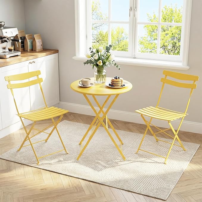 GarveeLife 3 Piece Patio Bistro Set, Folding Patio Bistro Table and Chairs Set