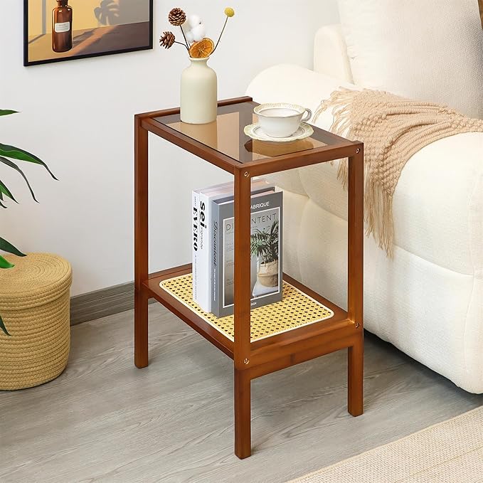 2-Tier Bamboo Side Table, Modern Glasstop Rattan Side Table, Mid Century Wood