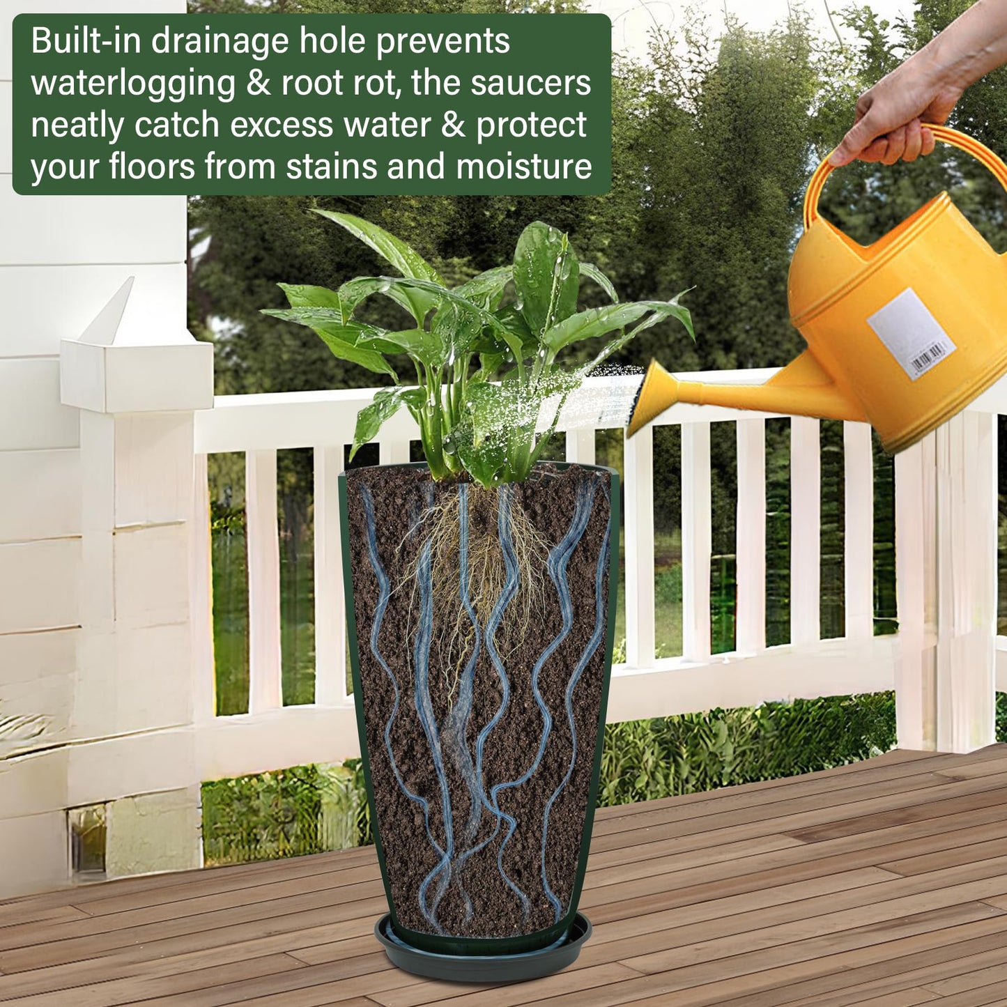 Neoaider 24/21/12 Inch Large Plastic Planter, Lightweight Ceramic-Look Tall Planters with Drain Hole & Saucers, Tall Plastic Planters for Porch, Garden, Patio, Balcony(Dark Green)