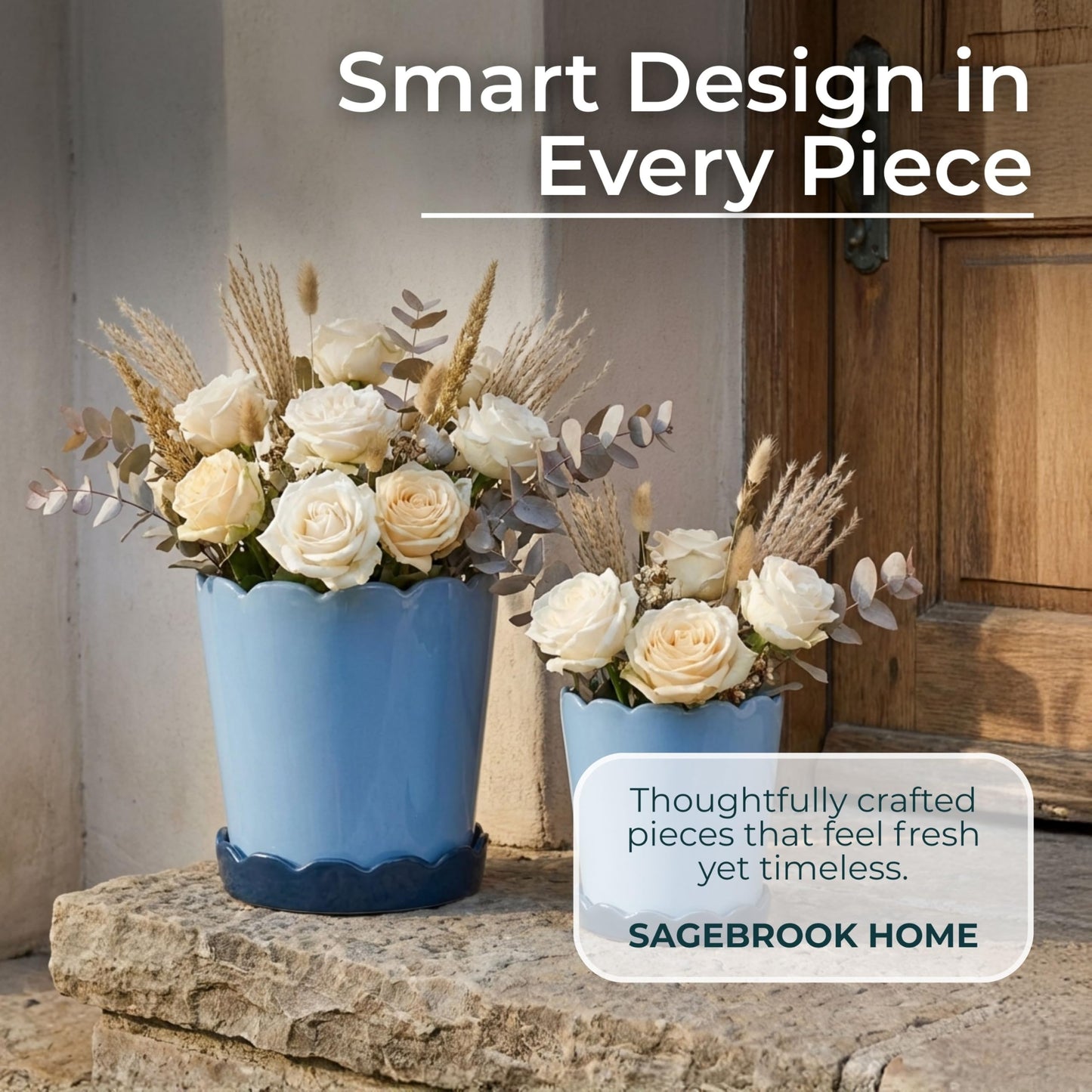 Modern Ceramic Flower Pots for Home Decor Accent - Scalloped Edge Planters and Pots for Plants with Glazed Design - Glossy Planters for Indoor and Outdoor Display - Set of 2, 8", 7", Blue