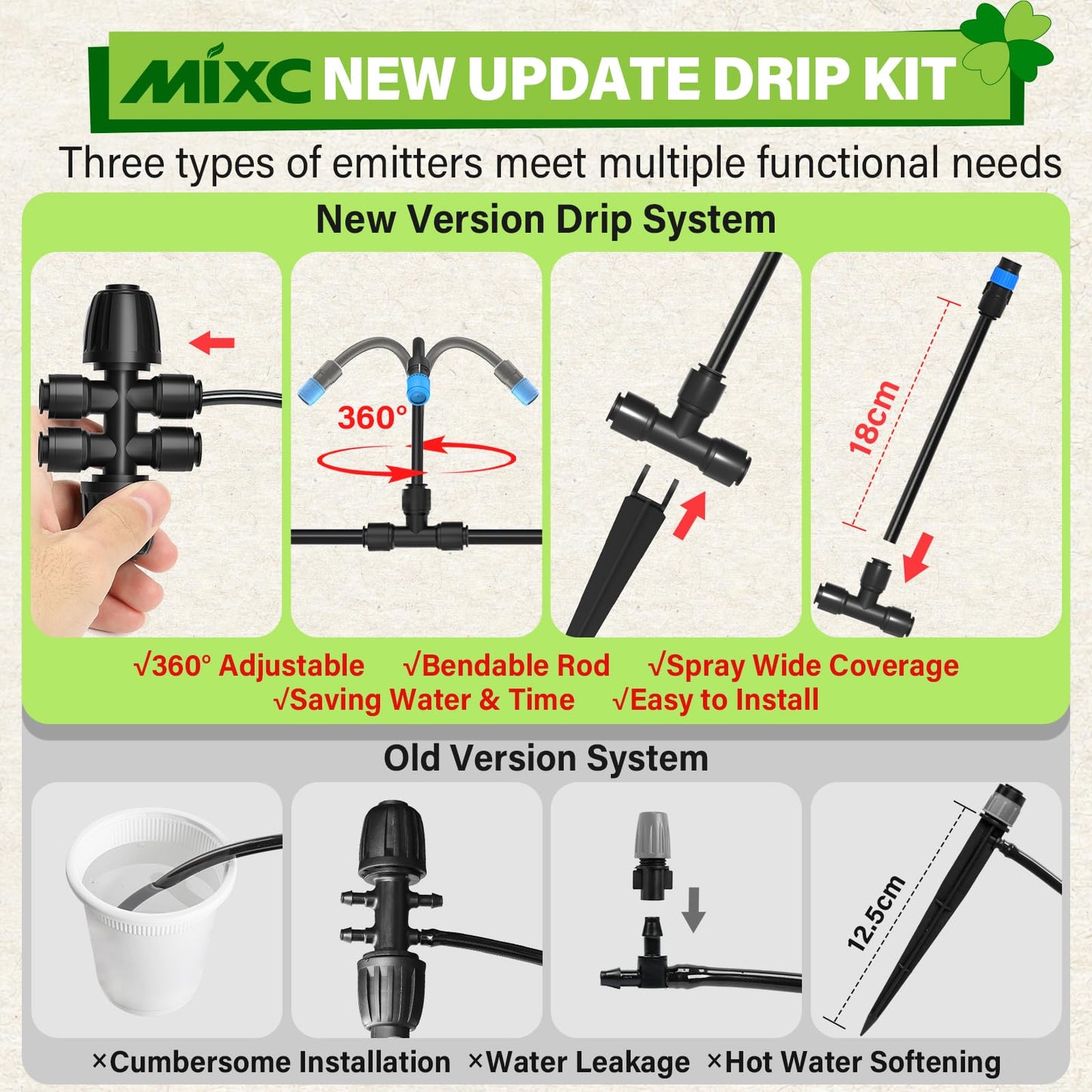 MIXC 2026-Upgrade 360° Adjustable Drip Irrigation System Kit, 133FT Bendable Watering Misting System with 3 Spray Nozzle Types, 1/2" (33FT) & 1/4" (100FT) Tubing for Garden Raised Bed Lawn Greenhouse