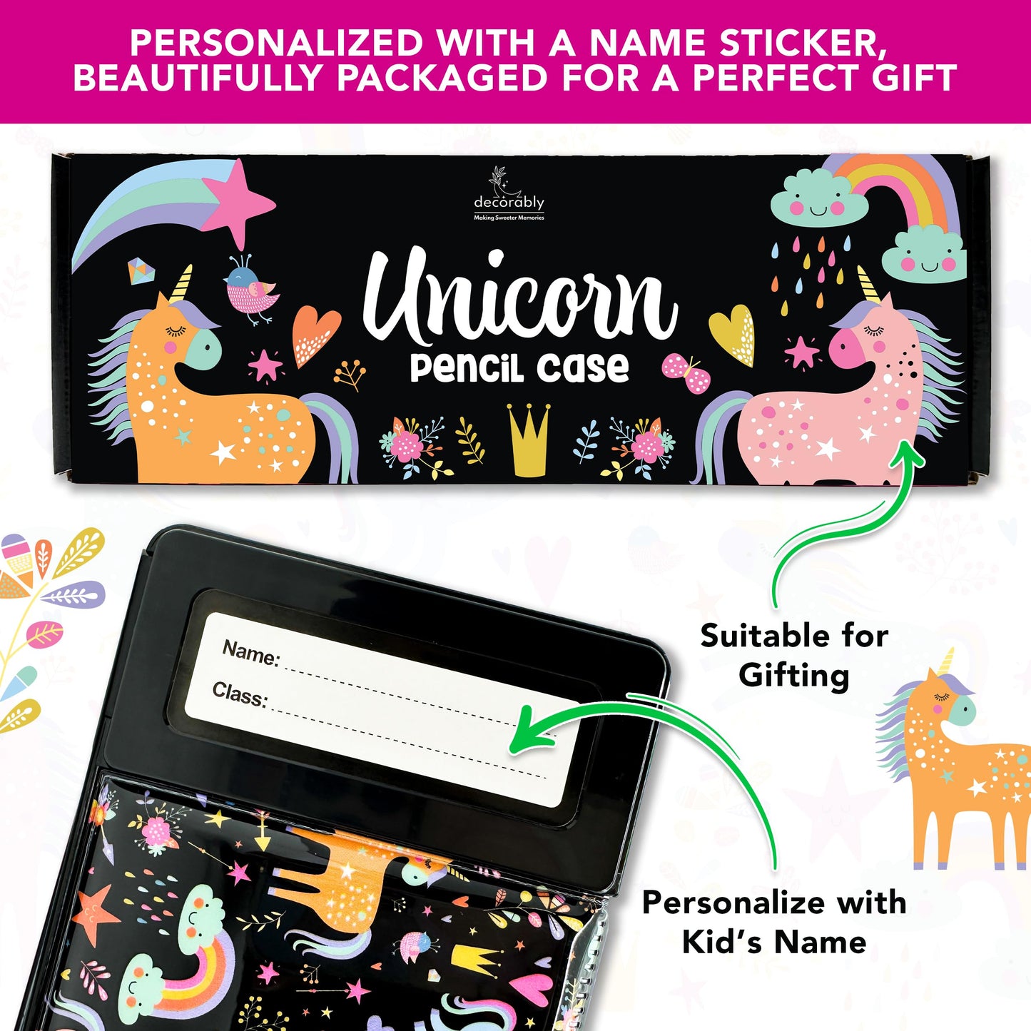 Decorably Unicorn Pop Up Multifunctional Pencil Case with Compartments, Calculator, Sharpener, Pen Slots, Mini Drawer and 2 Main Sections with Magnetic Closure - Back to School Gift for Kids