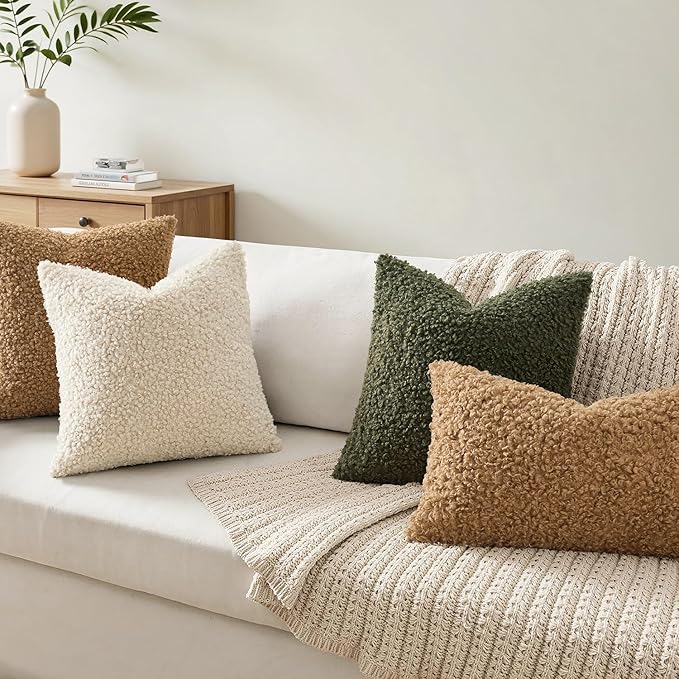 Faux Fur Throw Pillow Covers 18x18 Inch Set of 2 Boucle Neutral Decorative