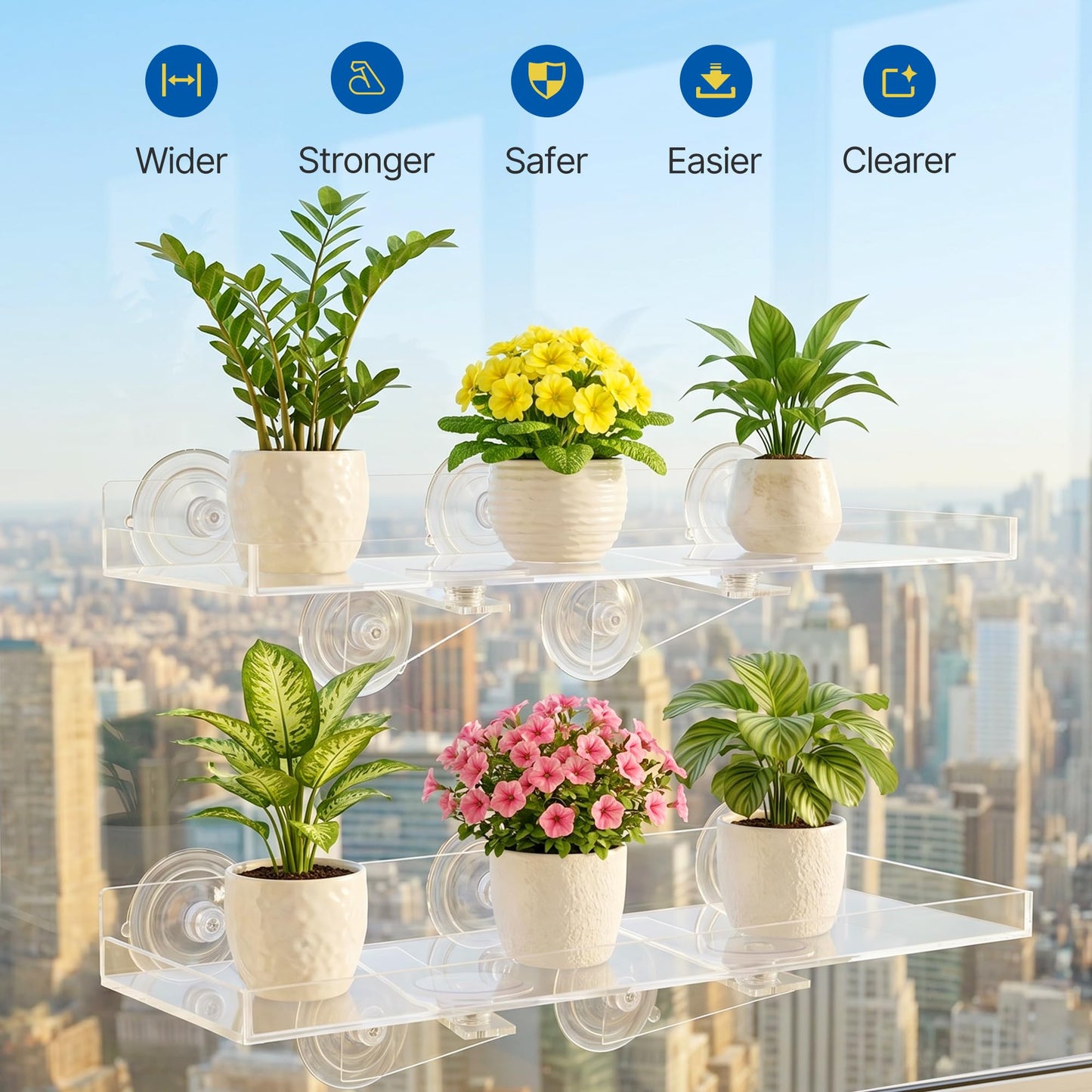 Leafory 2 Pack Window Plant Shelves, 15.7 x 5.9 Inch Heavy Duty Acrylic Floating Shelf, Strong Suction Cup Shelf with Support Bracket, Windowsill Holder for Succulents and Indoor Plants