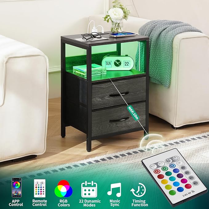 Yoobure Nightstand with Charging Station, LED Night Stand with Fabric Drawers