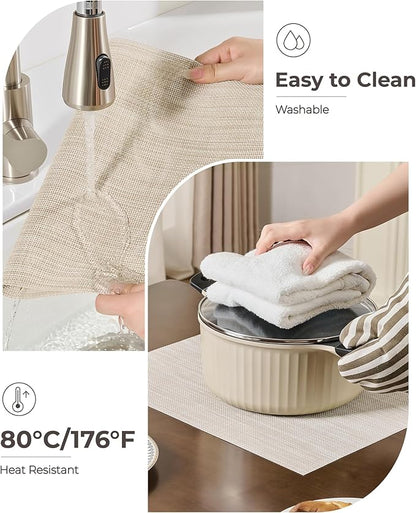 Leetaltree Beige White Placemats Set of 4 - Heat Resistant Non-Slip Place mats for Dining Table, Washable Durable PVC Vinyl Woven Table Mats(Beige White, 4)