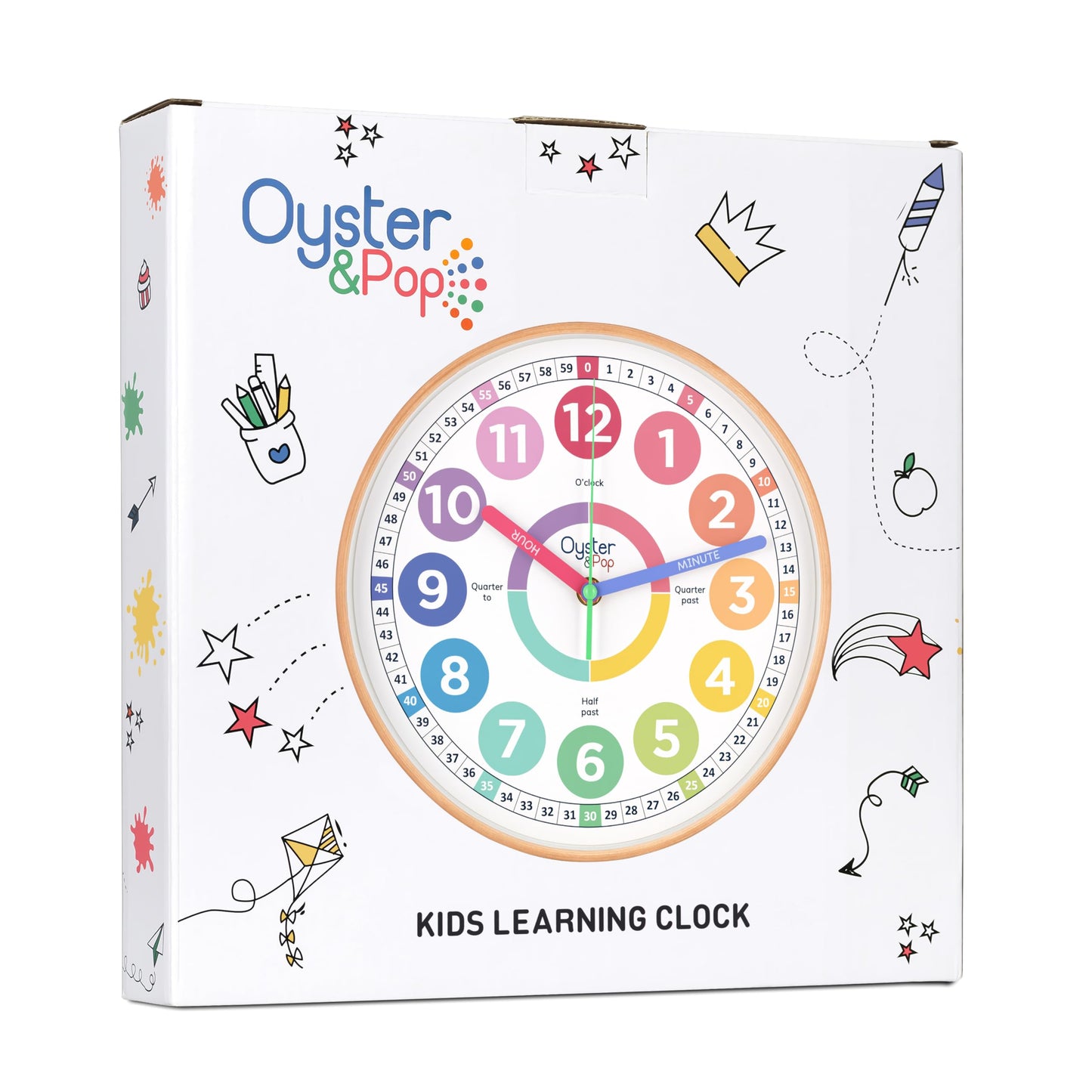 Oyster&Pop Kids Clock - Silent 10" Pastel Analog Learning Wall Clock - Award-Winning Telling Time Teaching Clock for Kids - Bedrooms Homeschool & Classrooms - Includes eBook