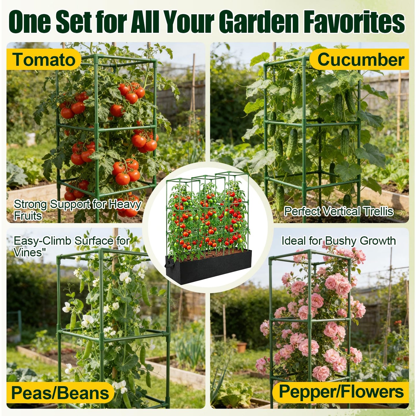 BobbleT 3 Pack Heavy Duty Tomato Cages with 86 Gallon Grow Bag, 41" Adjustable Tomato Trellis for Raised Garden Bed, Sturdy Square Plant Support for Climbing Vegetables, Cucumbers & Garden Plants