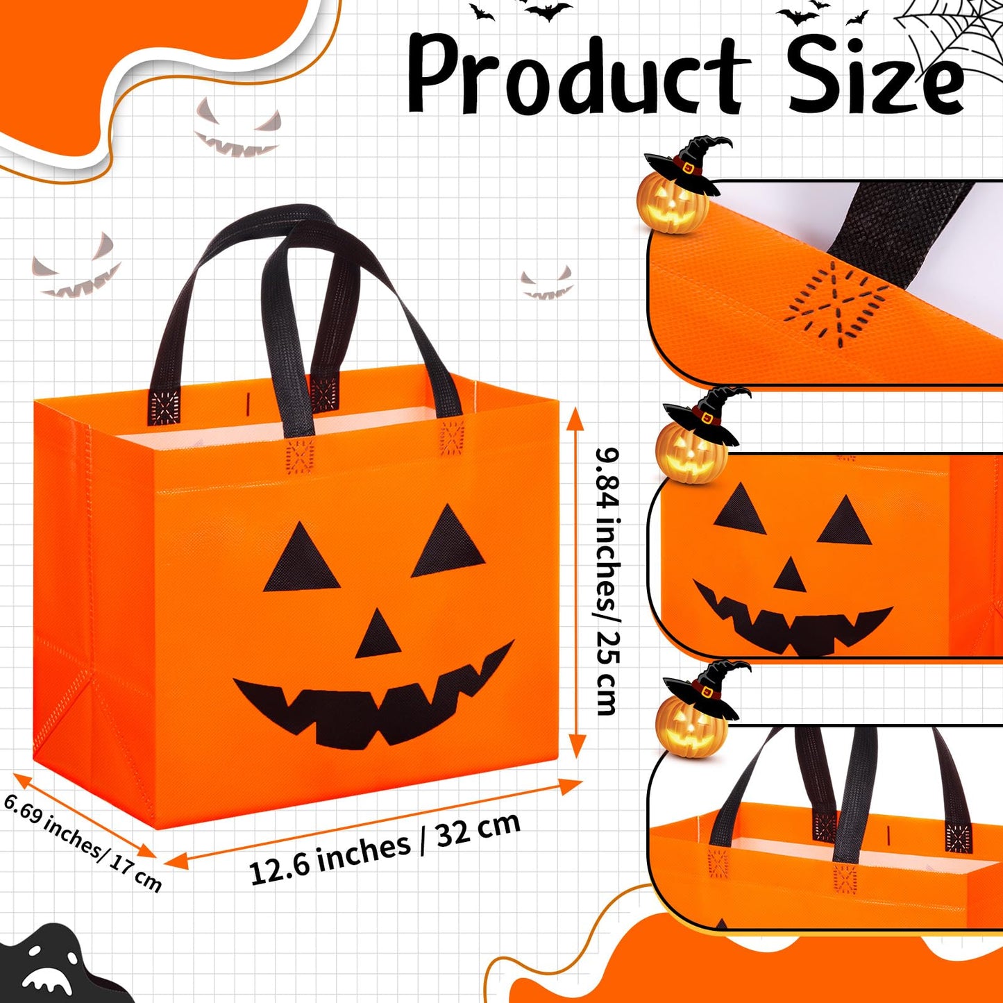 Lincia 24 Pcs Halloween Non Woven Pumpkin Bag 12.6 x 9.8 Inch Reusable Trick or Treat Gift Candy Goodie Handles Bag for Halloween Birthday Party Favors Classroom