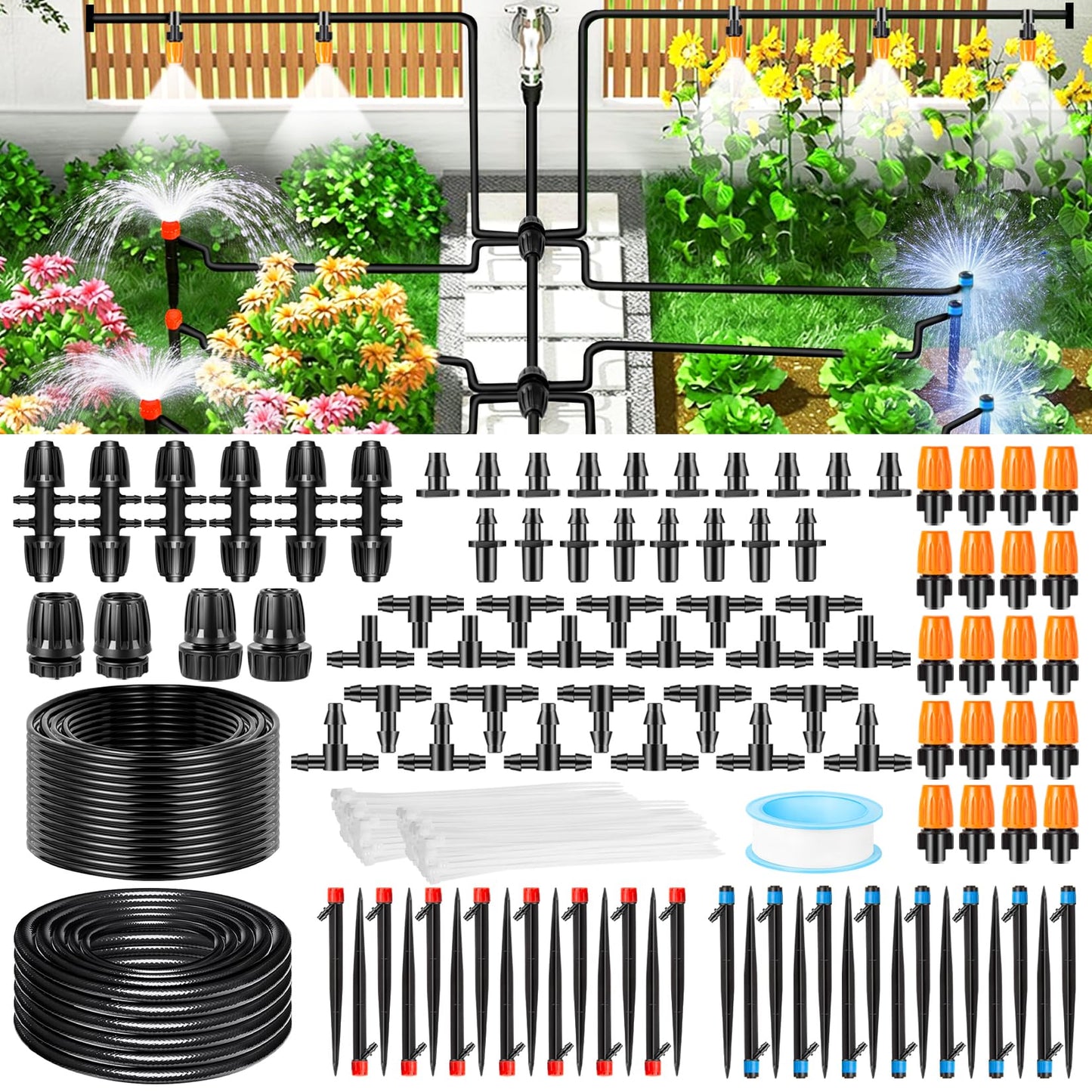 260FT Drip Irrigation System Kit, Automatic Drip Irrigation Kit with 1/2 inch Hose 1/4 inch Distribution Tubing and Accessories for Greenhouse, Yard, Lawn