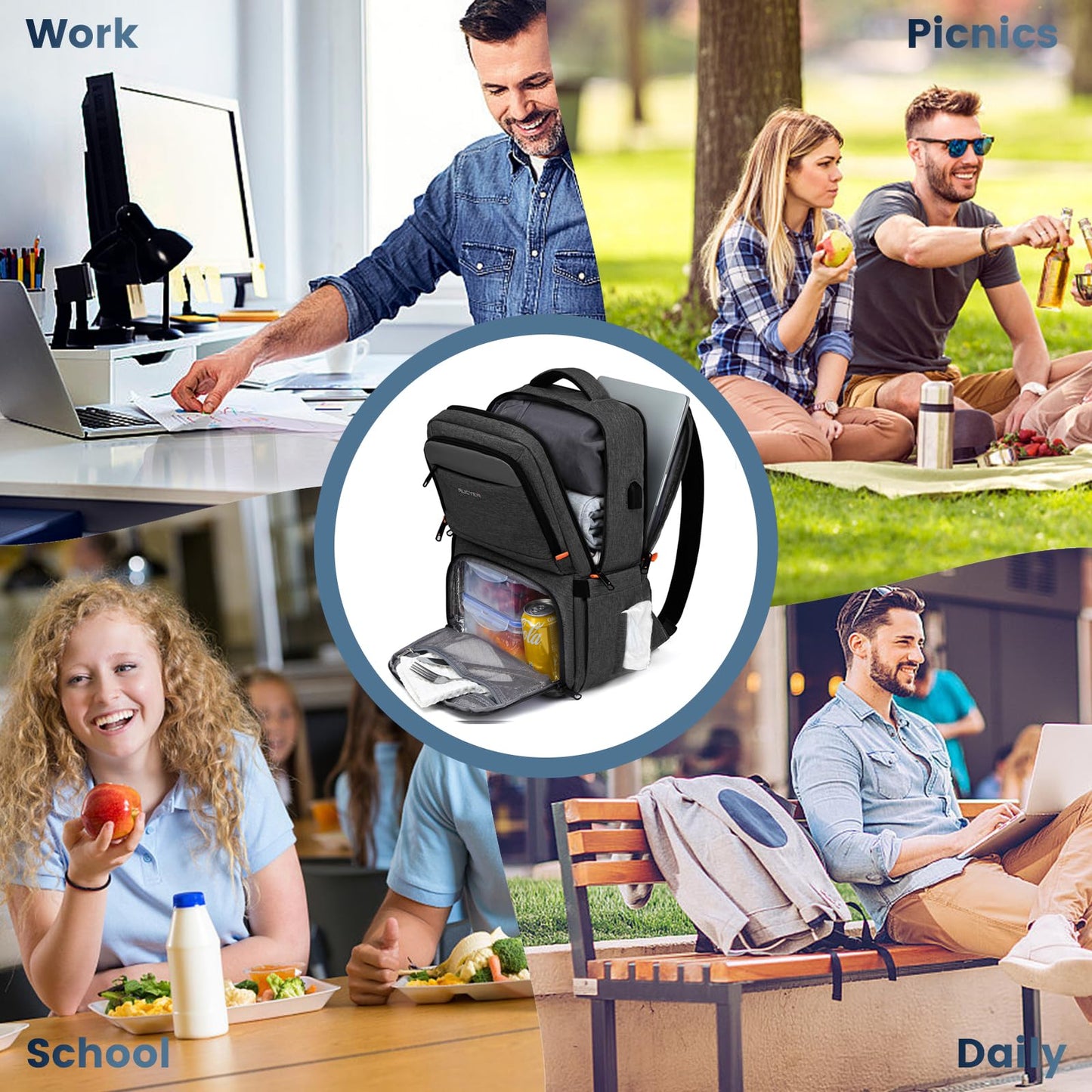 RUCYEN Lunch Backpack, Insulated Cooler Backpack Lunch Box for Men Women, 15.6 Inches RFID Blocking Laptop Backpack with USB Port Lunch Bag for Work Travel Black
