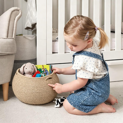 Goodpick Wicker Storage Basket for Living Room, Small Round Woven Basket for Toys, Towel, Bedroom, Children Corner Decoration Plant Baskets Indoor, Jute, 12.5"D x 8.3"H