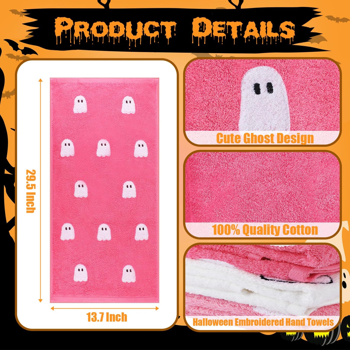 Oudain 3 Pcs Pink Ghost Hand Towels for Bathroom 100% Cotton Pink Halloween Embroidered Decorative Towels Cute Kitchen Gifts for Halloween Bath Shower Decors Housewarming 13.7 x 29.5 Inch