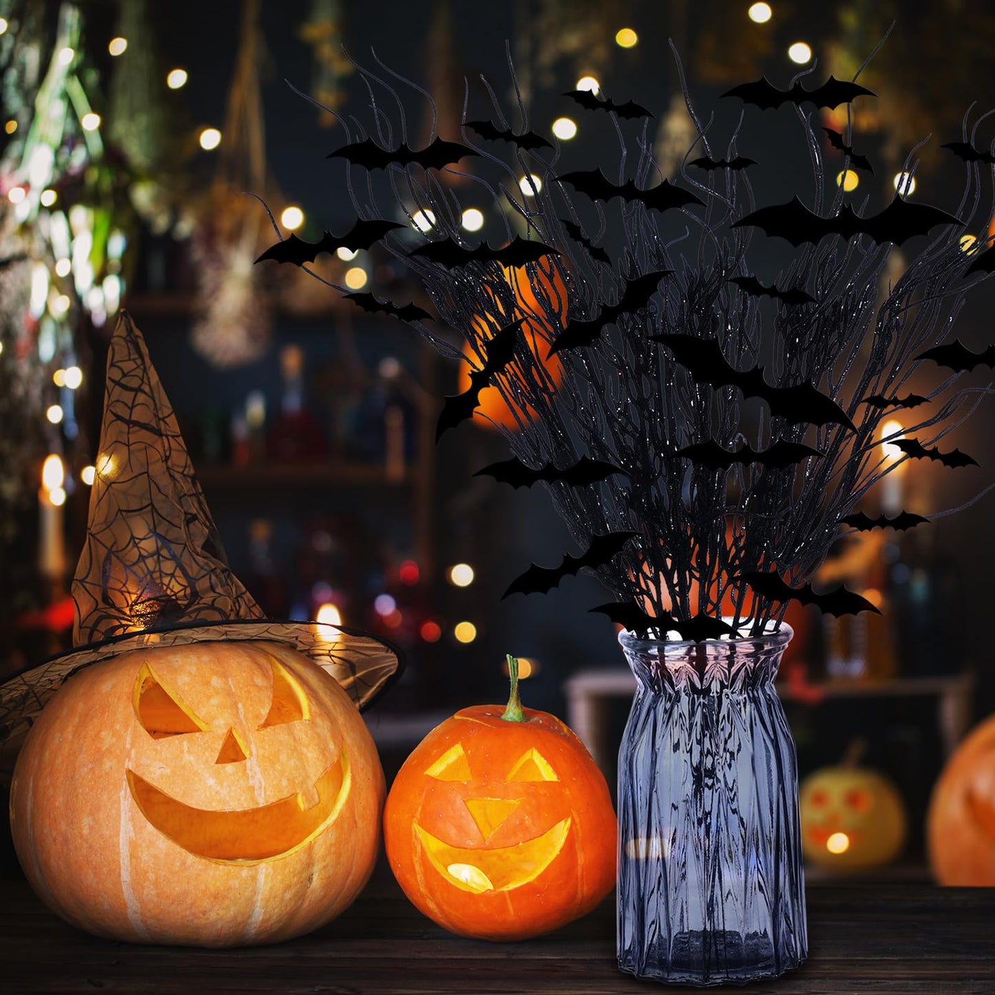 Zeyune 20 Pcs Halloween Black Artificial Branches Floral Picks Vase Filler 17.72 Inch Artificial Curly Willow and 3D Bats Wall Decals Sticker Decor Tree Glittery Flowers for Gothic Home