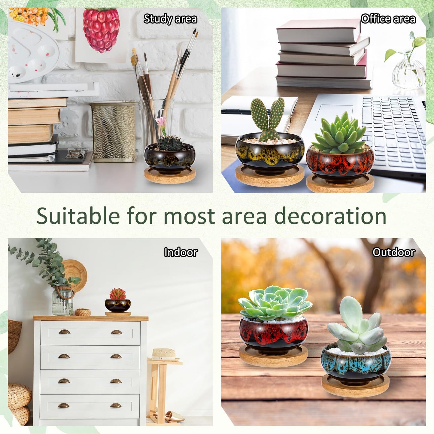mekueeex 12 Pcs Ceramic Succulent Garden Pots Succulent Small Plant Cactus Planter Ceramic Pot with Drainage Hole and Bamboo Tray Matte Round Container (2.5 Inch)