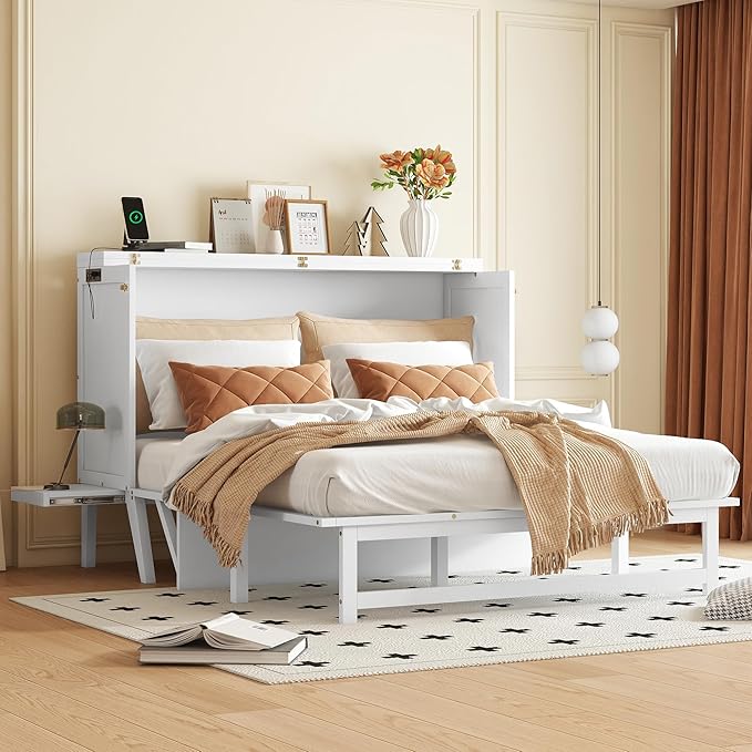 Queen Size Murphy Bed with USB Port and Removable Shelves on Each Side