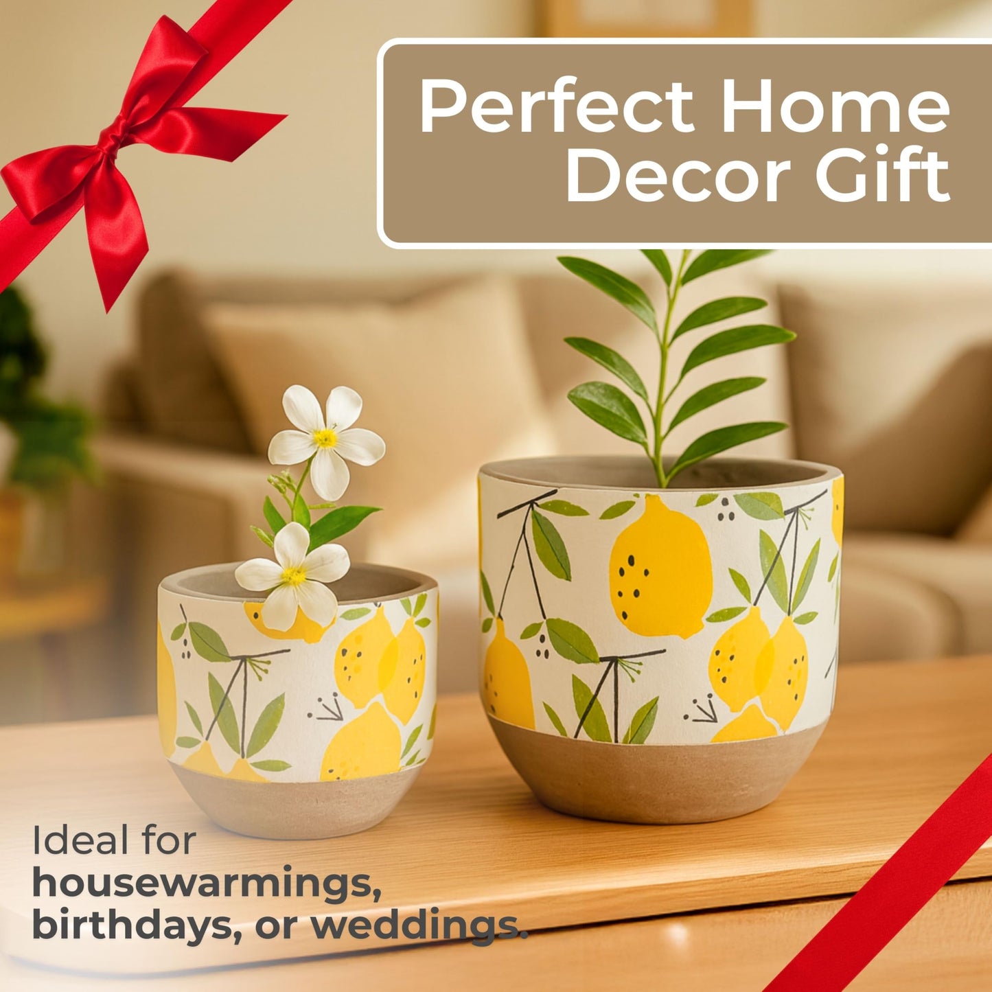 Sagebrook Home Set of 2 Decorative Cement Planters with Drainage Hole - Modern Lemon Print - Indoor/Outdoor Use - 7", 6" Yellow, White, Gray
