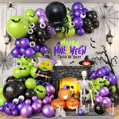 Halloween Balloons Arch Kit, Green Purple Balloon Garland with Foil Balloon Witch Spider Eye Metallic Purple Black Latex Balloons for Horror Halloween Birthday Party Decorations