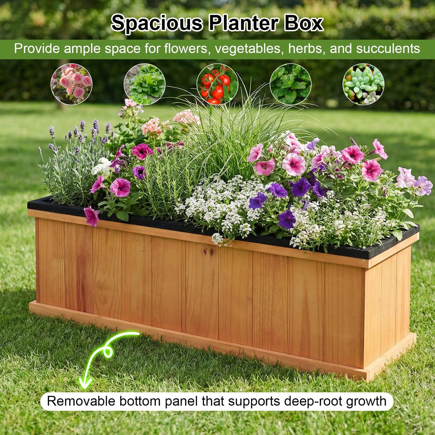 Giantex Outdoor Raised Garden Bed, 40” x 13” x 12” Pine Wood Planter Box with 3 Drainage Holes, Removable Bottom & Bed Liner, Rectangular Flower Container for Vegetables, Herbs, Indoor & Outdoor