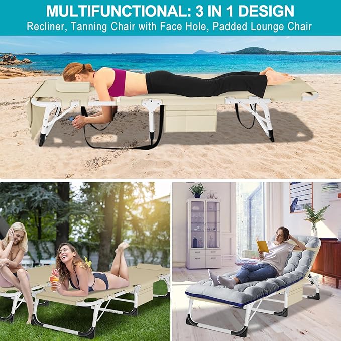 ABORON Oversized Folding Sun Tanning Chair, 3 in 1 5-Position Adjustable