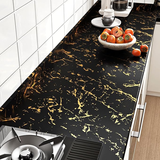 FunStick Thick Black and Gold Marble Contact Paper