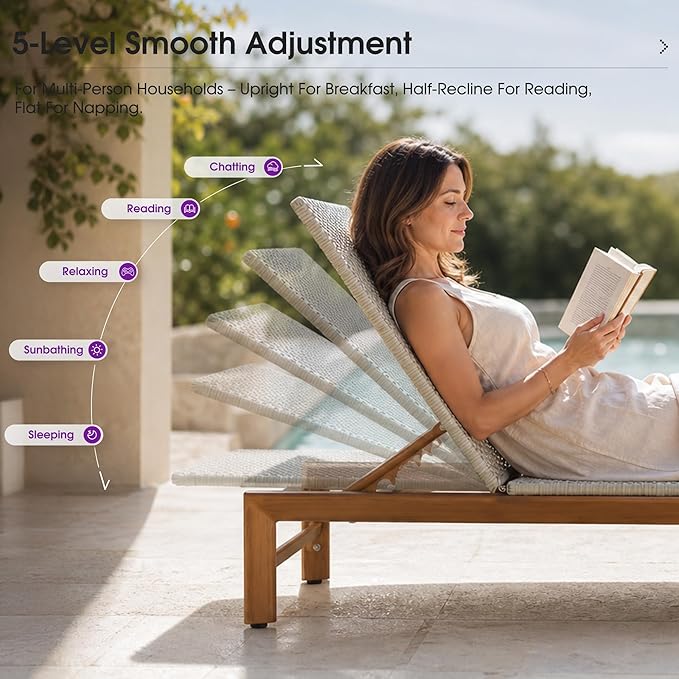PURPLE LEAF Patio Chaise Lounge French Outdoor Lounger 1 Piece Matte Teak Grain