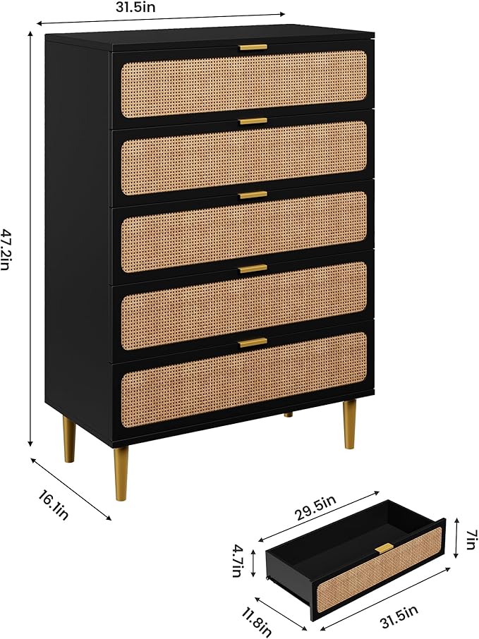 GarveeHome Rattan 5 Drawer Dressers