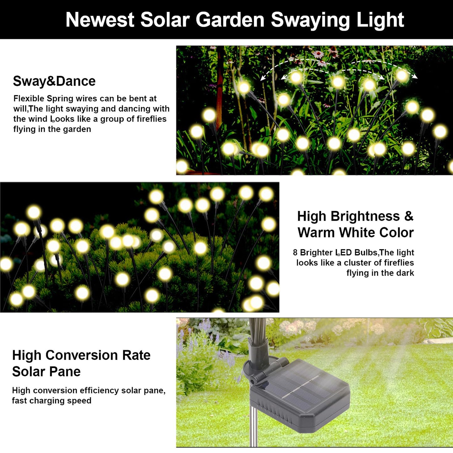 Petriveil Solar Firefly Lights Warm White, 8 Modes 800mAh Swaying Firefly Yard Lights Solar Powered Outdoor Waterproof for Outside Yard Patio Lawn Pathway Walkway Stake Christmas Garden Decor (4 Pack)