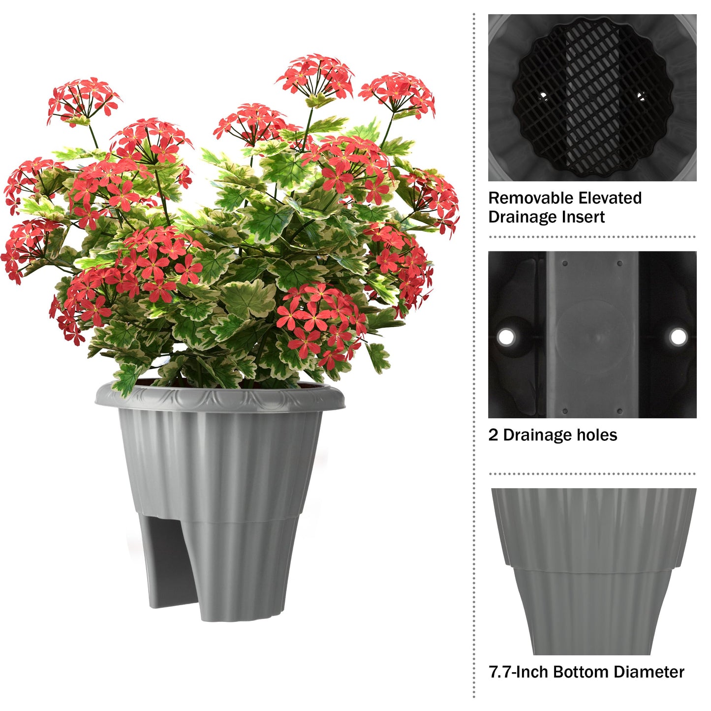 Railing Planter Box 2-Pack - 13.5-Inch Round Outdoor Flower Pots with Drainage Inserts - 2.64-Gallon Outdoor Planters for Porch, Deck, Fence, or Balcony Railings 3” - 3.75” Wide by Pure Garden (Gray)