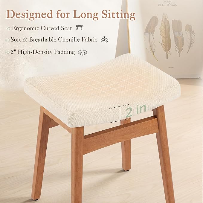 LUE BONA Solid Wood Vanity Bench Stool, 17.3" H Ergonomic Saddle Stool