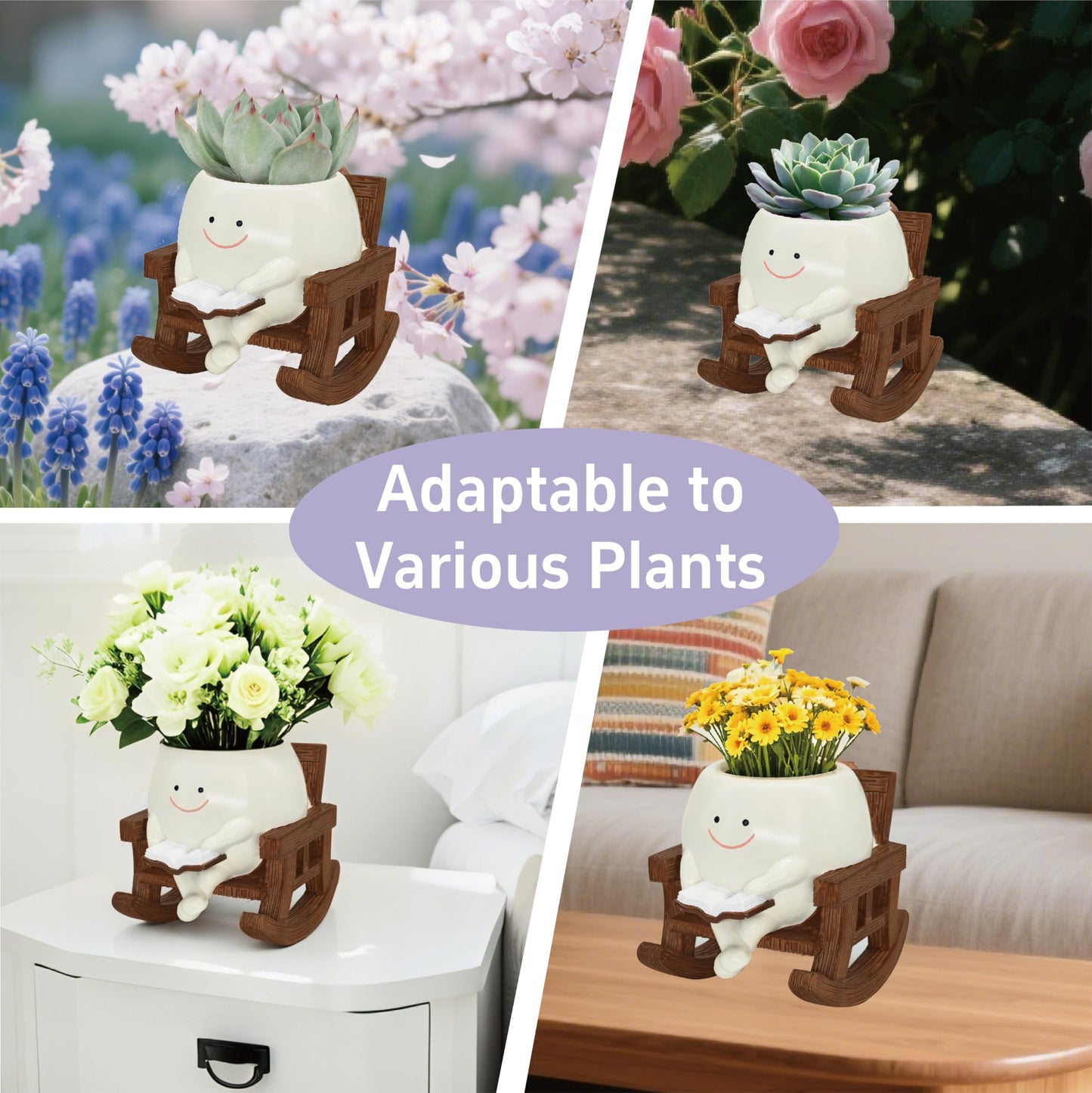 yiilead Smiley Face Planter Pot, Cute Plant Pots for Indoor Outdoor, Unique Reading Rocking Chair Plant Pot for Succulents Plants Live with Drainage Hole, Gift Idea for Mother Day and Christmas