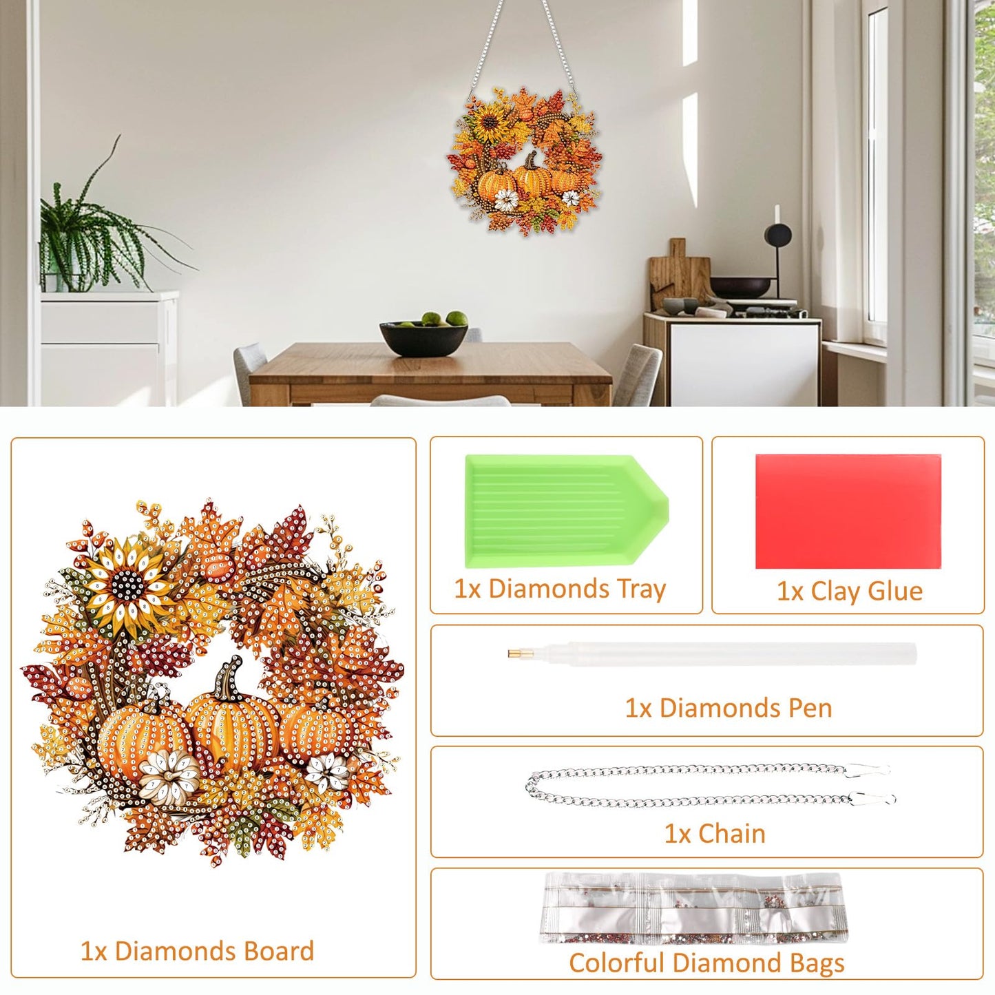SENQAO Halloween Diamond Art Hanging Kits for Adults Beginners, DIY Acrylic 5D Special Shaped Crystal Diamond Gem Art Painting Hanging Ornament for Home Wall Decor and Gift（Fall Pumpkin Wreath）