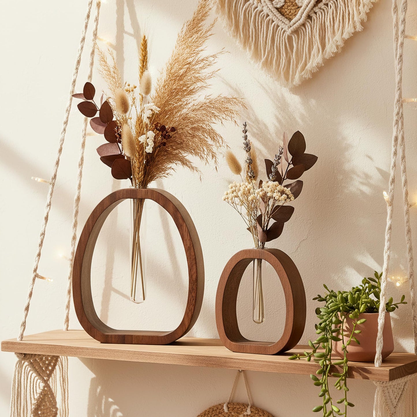 Houmury Walnut Wood Propagation Station Set of 2 Hydroponic Glass Test Tube Vases 7.5” & 5.8” for Plants Cuttings Modern Farmhouse Table Centerpieces for Home Office Desk Decor
