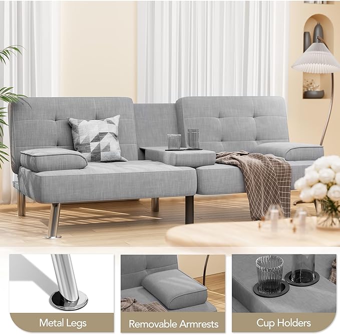 Shahoo Modern Linen Upholstered Convertible Folding Futon Sofa Bed