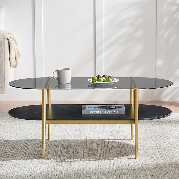LumFurn Oval Glass Coffee Table, Mid-Century Modern Design, L41 x W21 x H17 inch