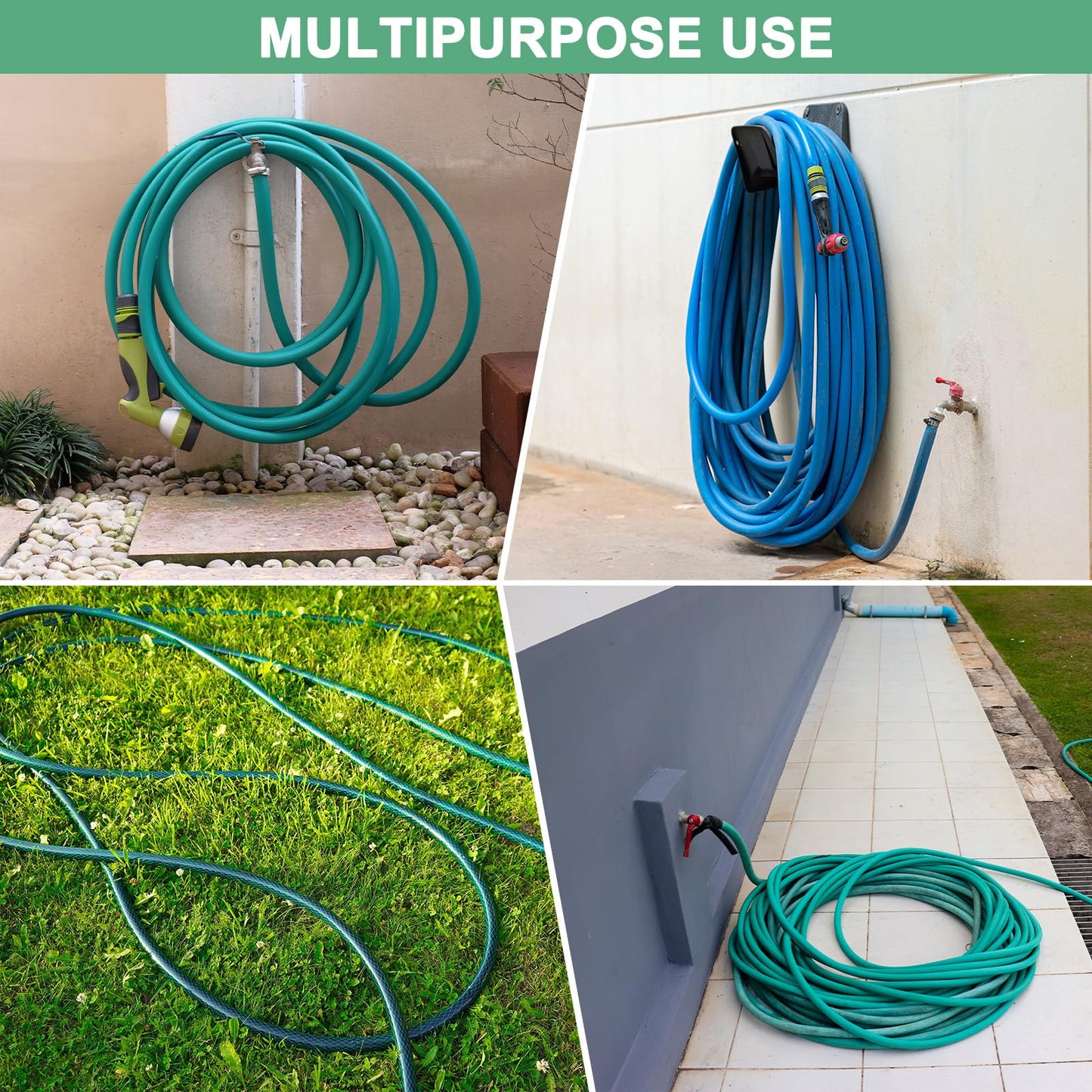 M METERXITY 3-Pack Garden Hose Hanger, ABS Plastic Water Hose Holder Wall Mount for 150 Feet Garden Watering Tube Hoses Storage, Expandable Outside Pipe Reel Hanging Hooks [3 Colors In]