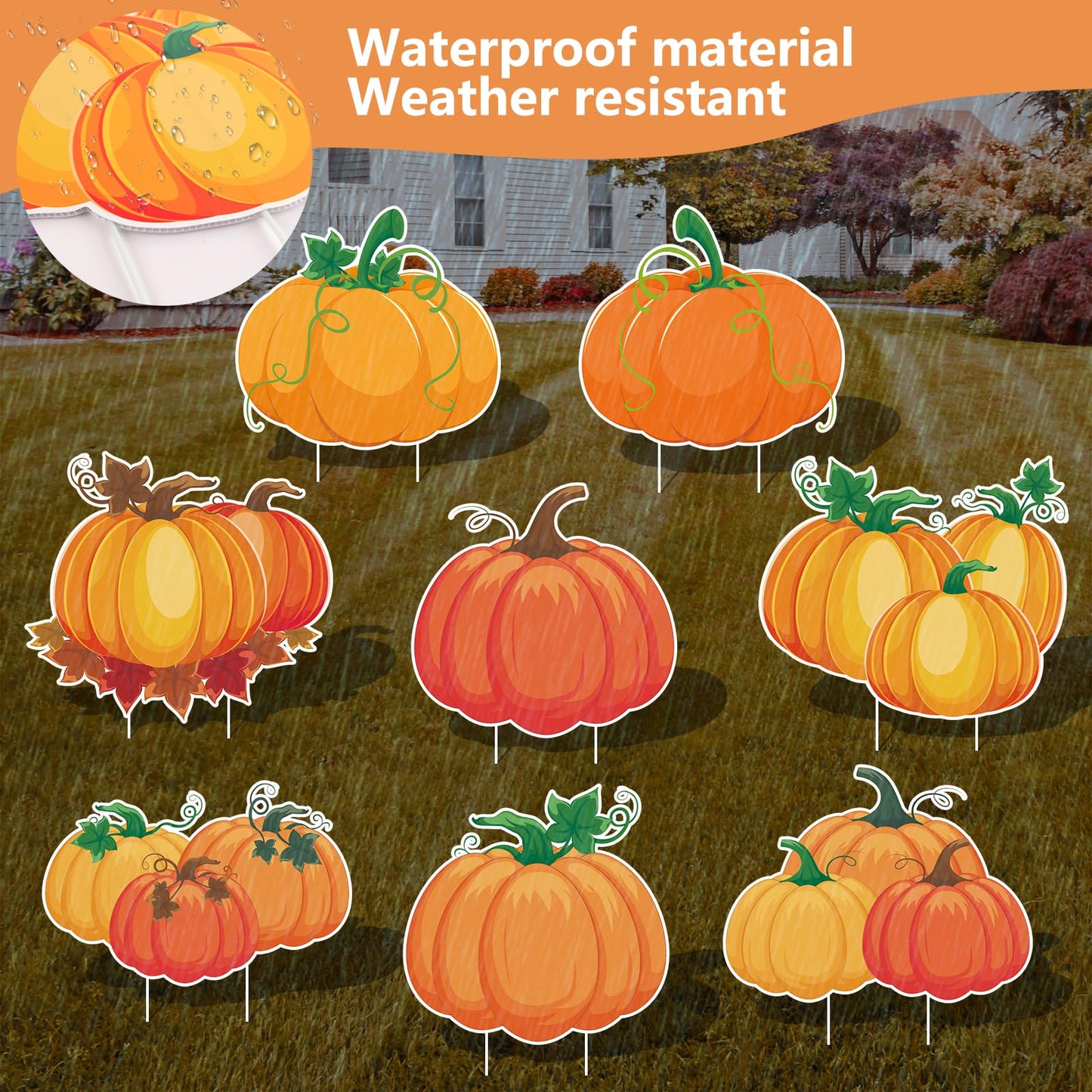 Arosche Fall Yard Signs with Stakes 8pcs Happy Fall Thanksgiving Decorations Outdoor Orange Pumpkins Harvest Garden Wall Porch Signs Seasonal Holiday Party Supplies Lawn Yard Decorations