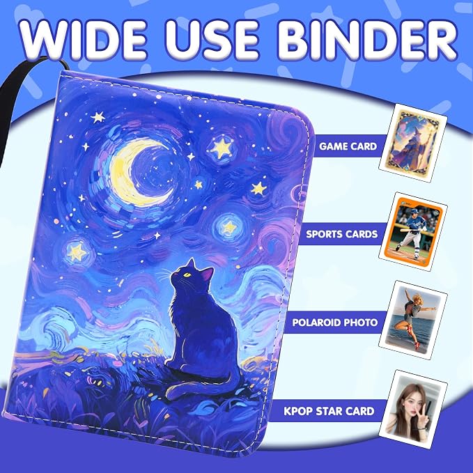 Cute Cat Card Binder, 400 Pocket Card Album for Girls Gifts, Black Cat kitten Trading Game Card Holder Album for Standard Size Cards, Collectible Game Collection Case (Starry)