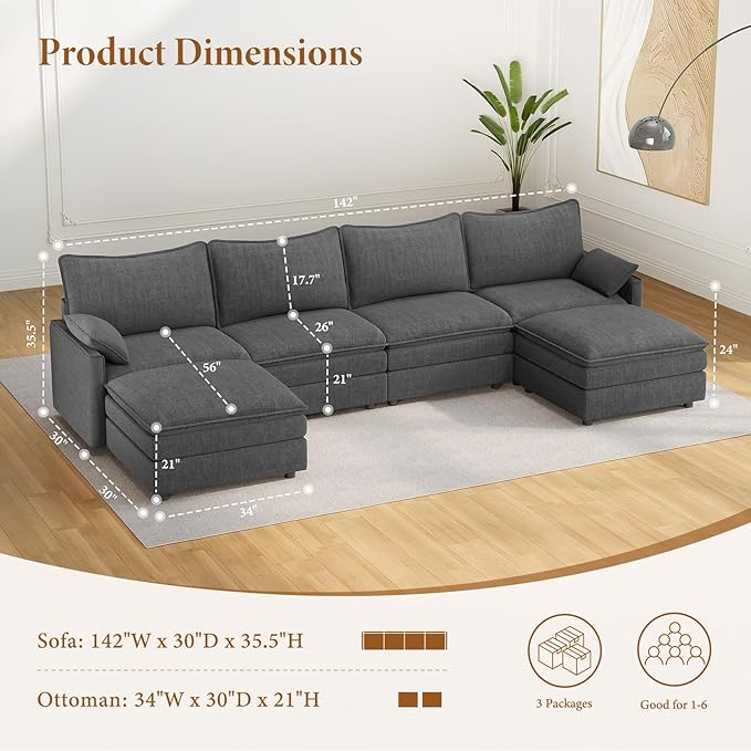 Vesgantti 142" U Shaped Sectional Couch, Comfy Cloud Modular Sectional Sofa