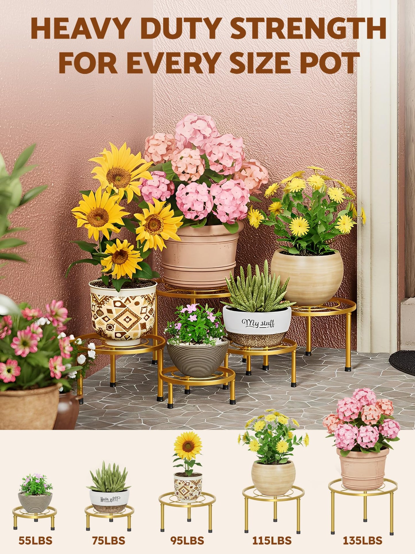 NQW 5 Pack Metal Potted Plant Stands,Flower Pot Stand Holder,Heavy Duty Plant Shelf for Multiple Plant,Rustproof Planter Container Round Supports Display Rack for Home(GoldCircle)