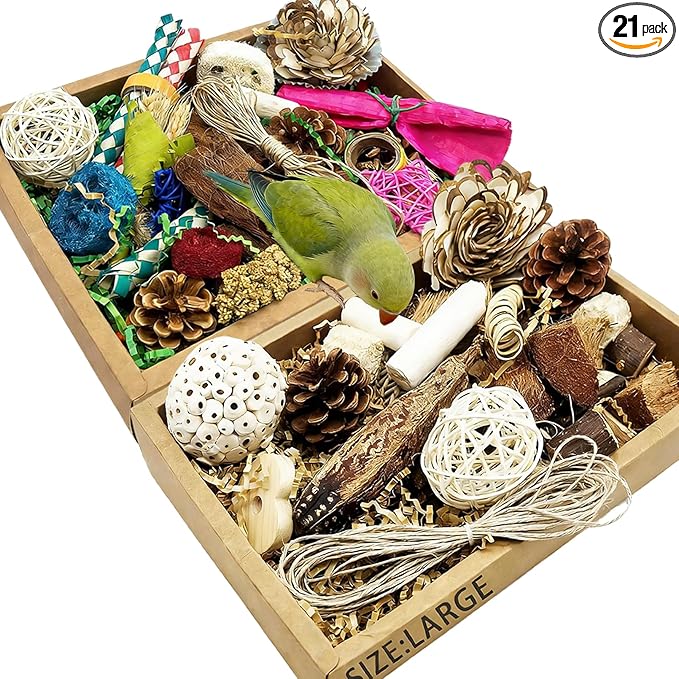 Bird Foraging Toys Parrot Chew Shredding Toys Bird Foraging Box for Parakeets Cockatiels Conures Lovebirds and Small to Medium Birds(Natural+Colorful)