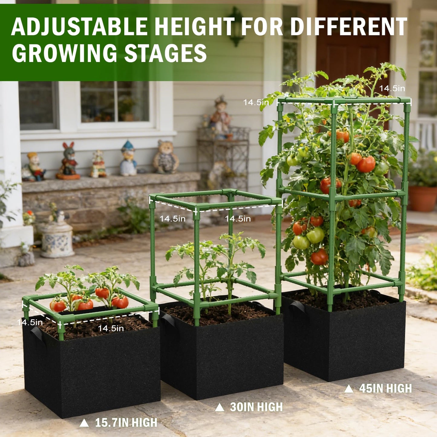 Uyittour 3 Pack Square Tomato Cages with Grow Bags, 45" Heavy Duty Square Tomato Trellis Plant Support for Raised Garden Bed Climbing Vegetables, Set with Garden Gloves, 20 Clips & 65FT Tie Wire