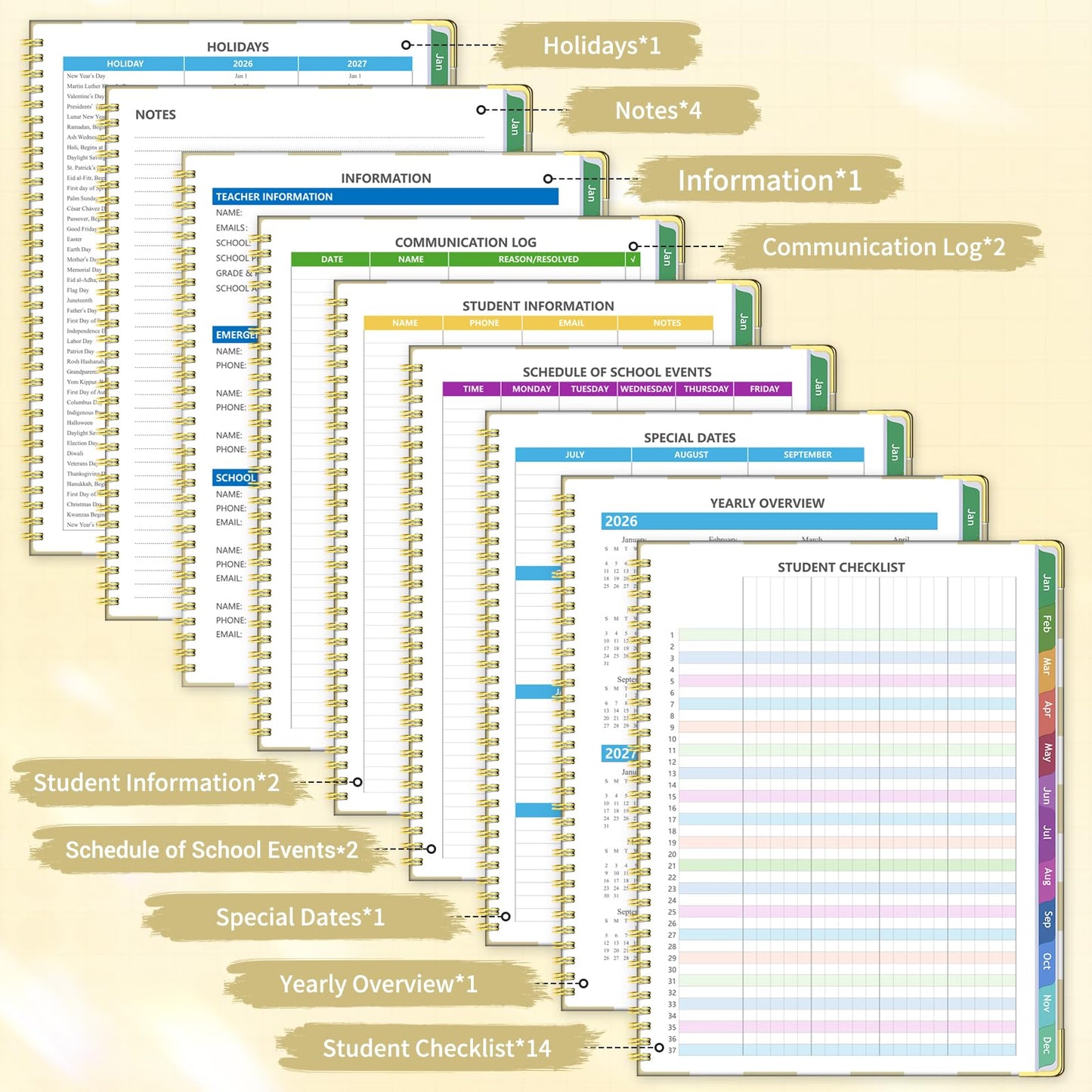 Teacher Planner 2026-2027, Jul 2026-Jun 2027 Academic Year, 8.5" x 11" Lesson Planner Book for Teacher Calendar, Spiral Bound Planners, Planning Stickers, Colorful Monthly Tabs, YellowCheckered