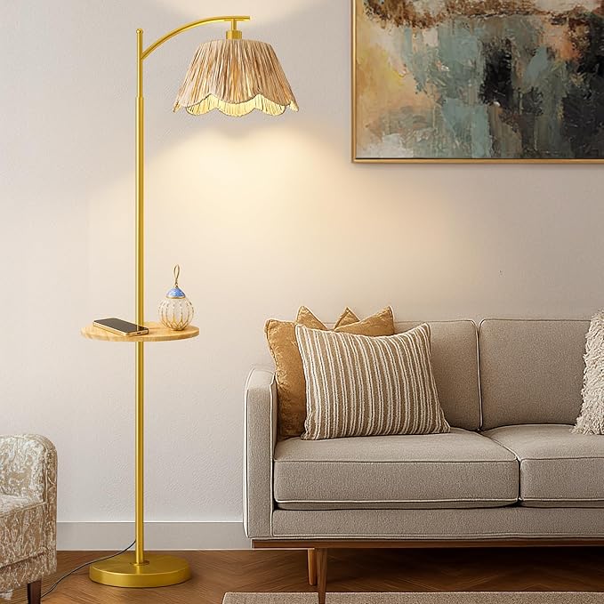 Oneach Floor Lamp with Table for Bedroom, Boho Standing Lamps with Foot Switch
