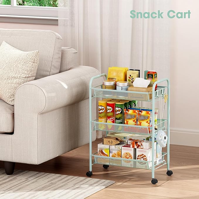 TOOLF 3-Tier Metal Rolling Cart, Mesh Wire Easy Assemble Utility Cart, Storage